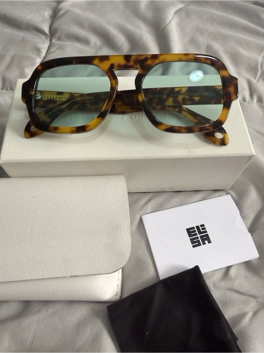 ELISA JOHNSON Jane Square Sunglasses Brown Tortoise Green Tinted UV400